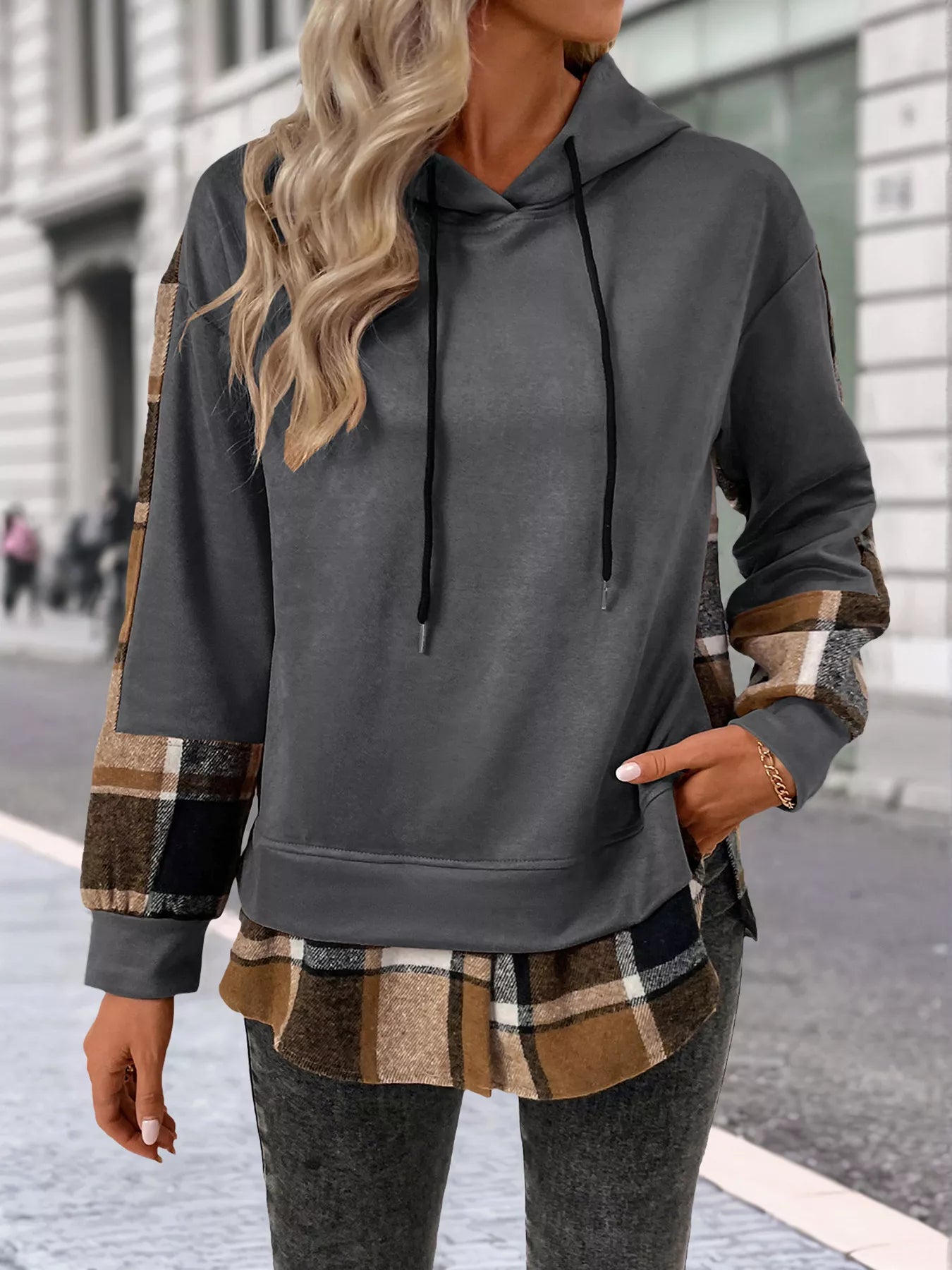 Plaid Drawstring Long Sleeve Hoodie
