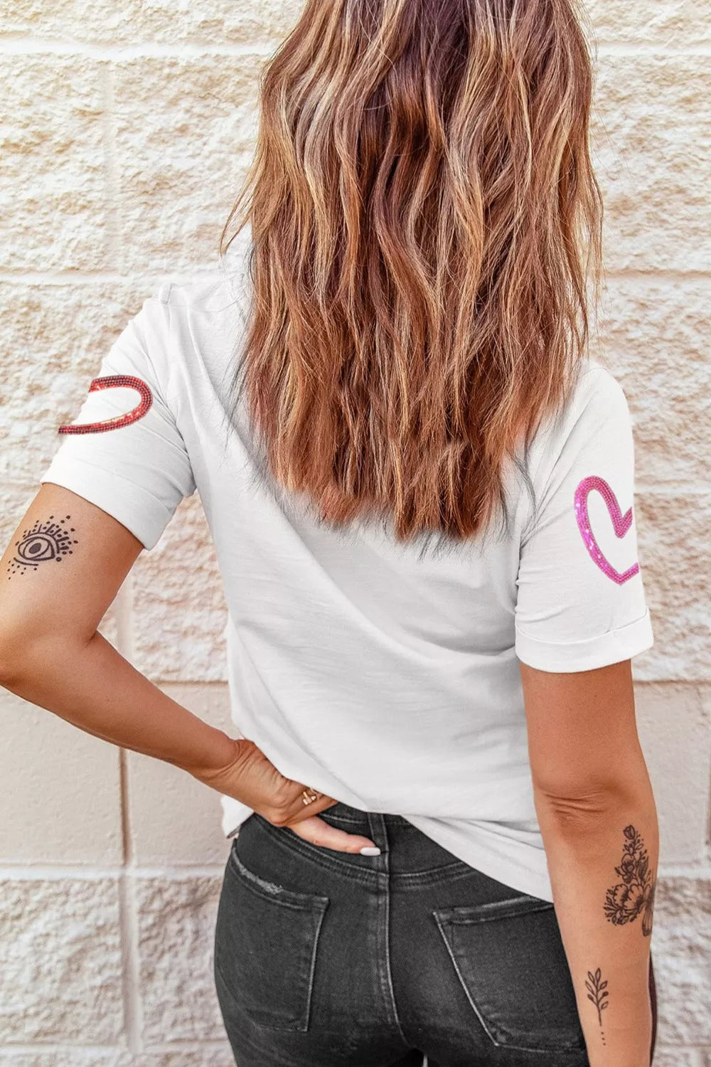 Sequin Heart Short Sleeve Casual Tee