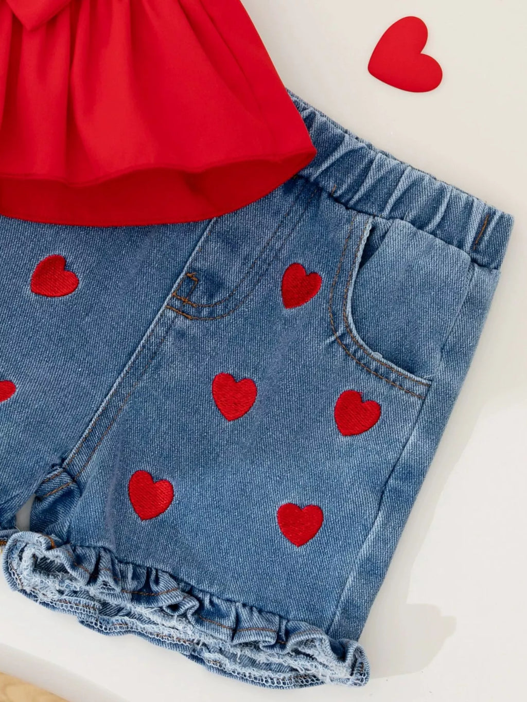 Children's Bowknot Top & Heart Denim Shorts Set
