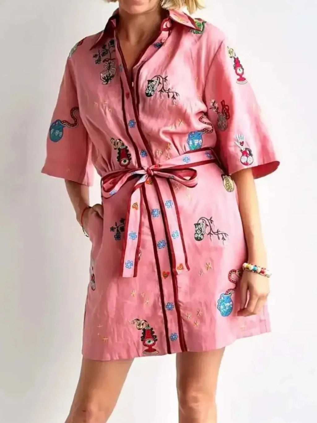 Embroidered Tie Waist Shirt Dress