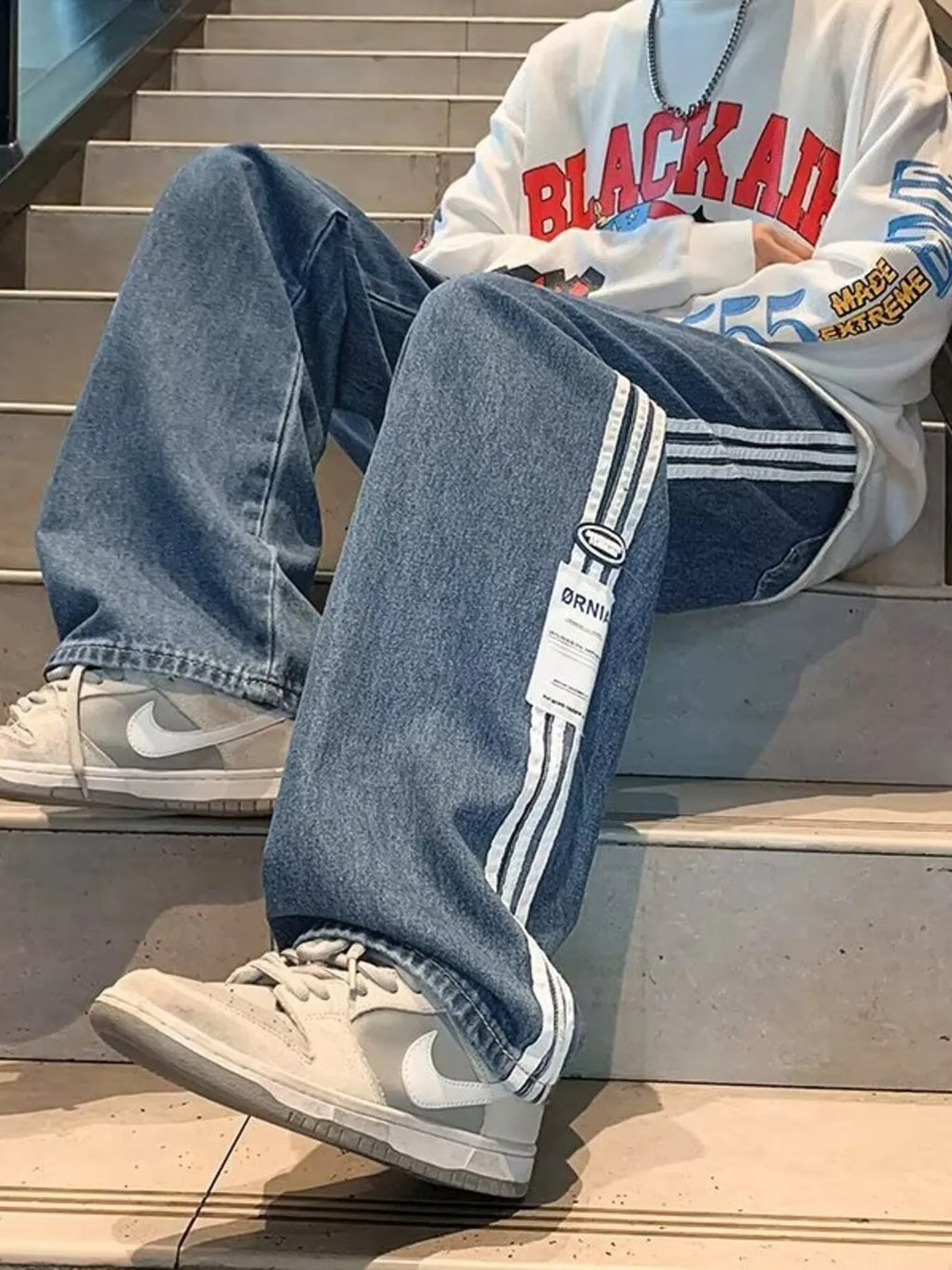 Men's Plus Size Striped Wide-Leg Jeans