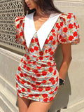 Ruched Floral Print Puff Sleeve Mini Dress