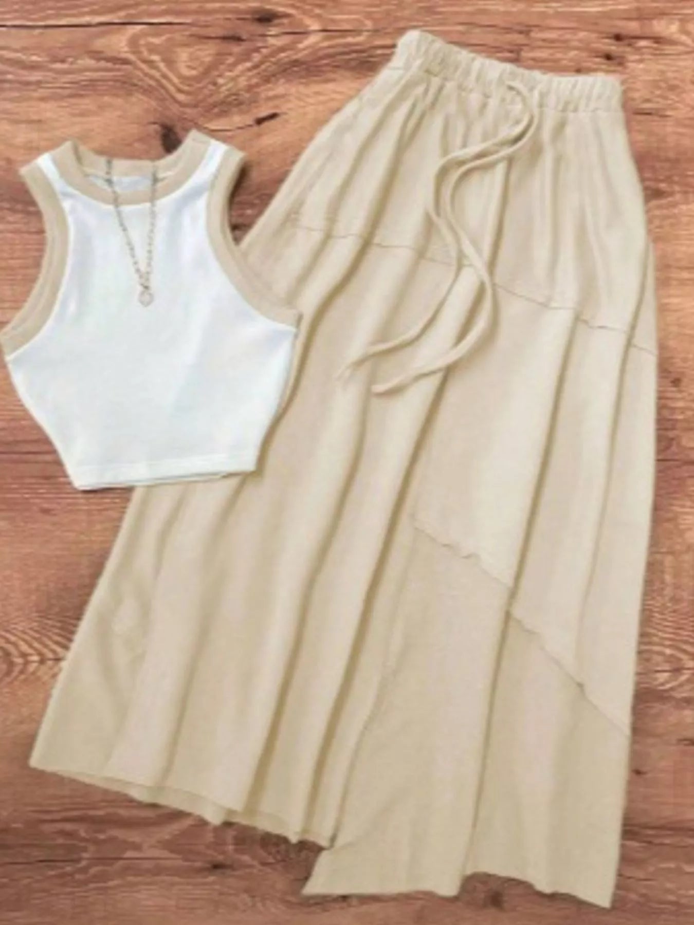 Contrast Trim Tank and Drawstring Waist Skirt Set