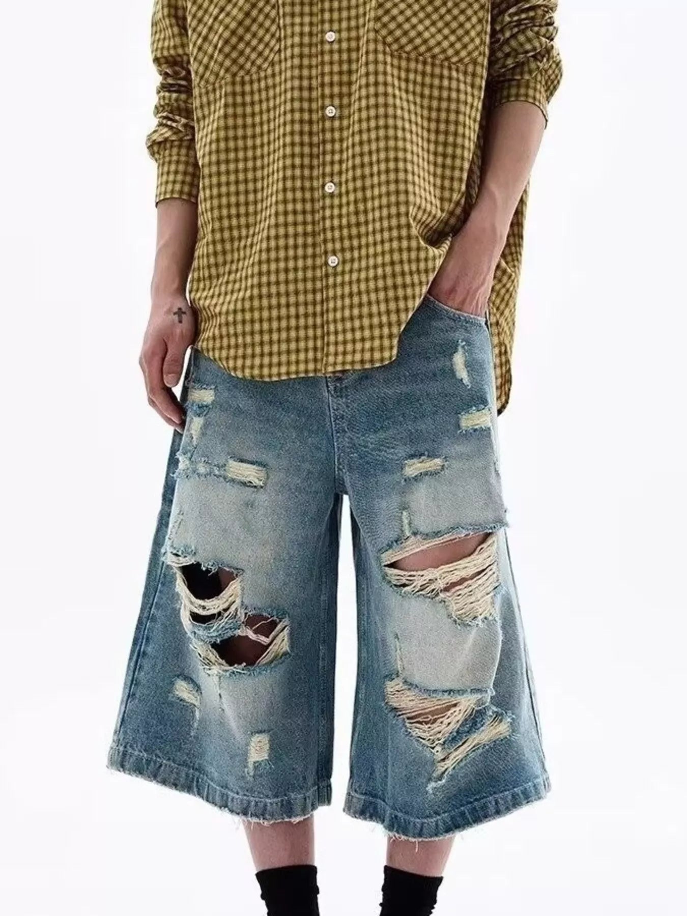 Men's Full Size Distressed Wide Leg Denim Shorts Plus Size