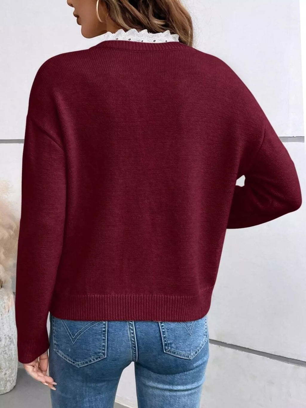 Lace Trim Notched Long Sleeve Sweater