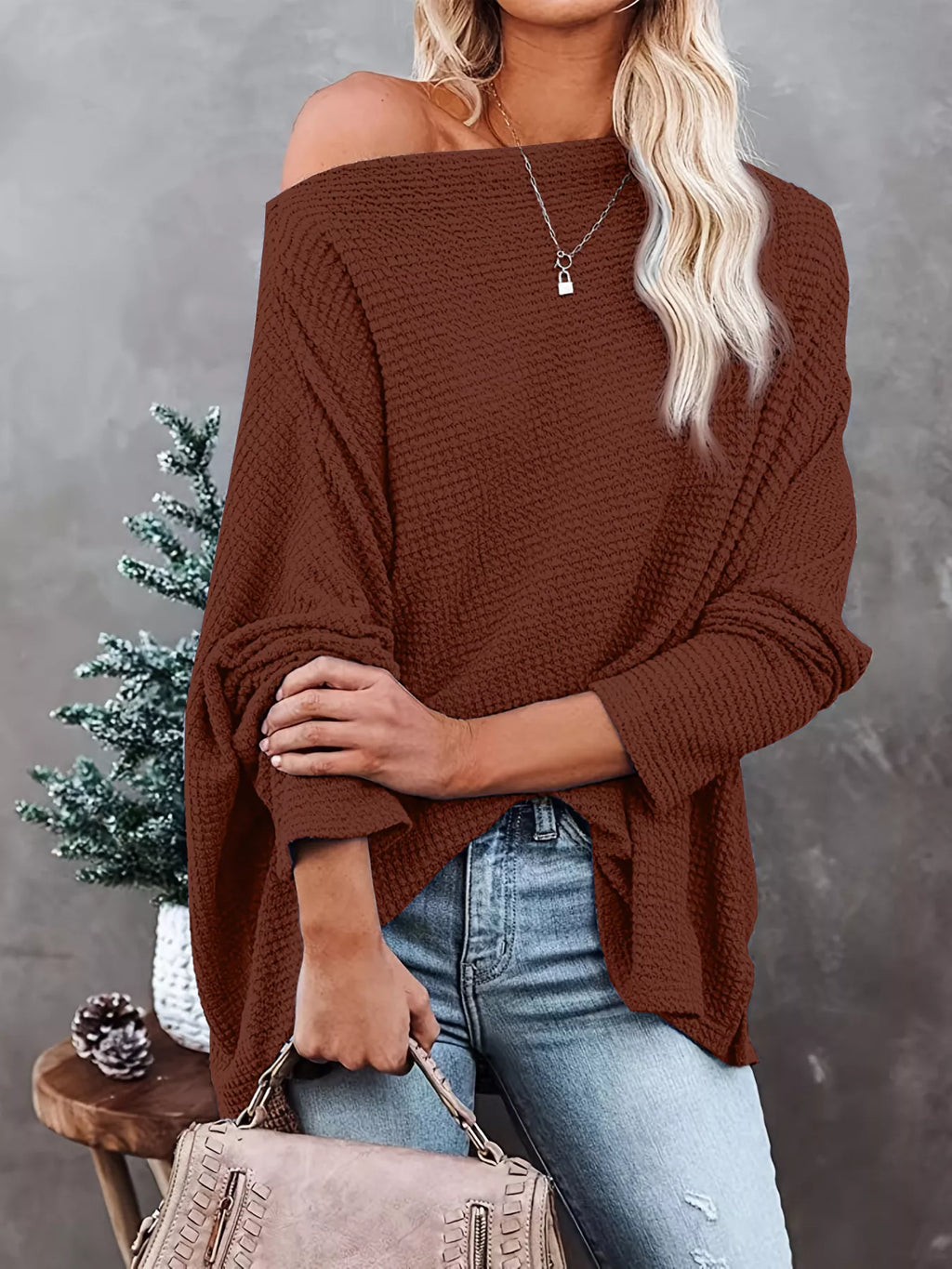 Waffle Knit Boat Neck T-Shirt