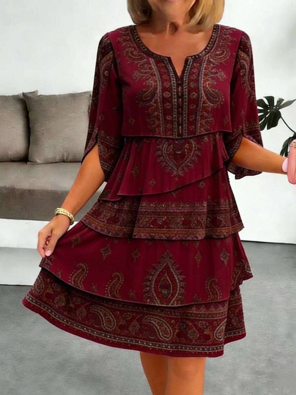 Full Size Paisley Print Layered Ruffle Mini Dress Plus Size