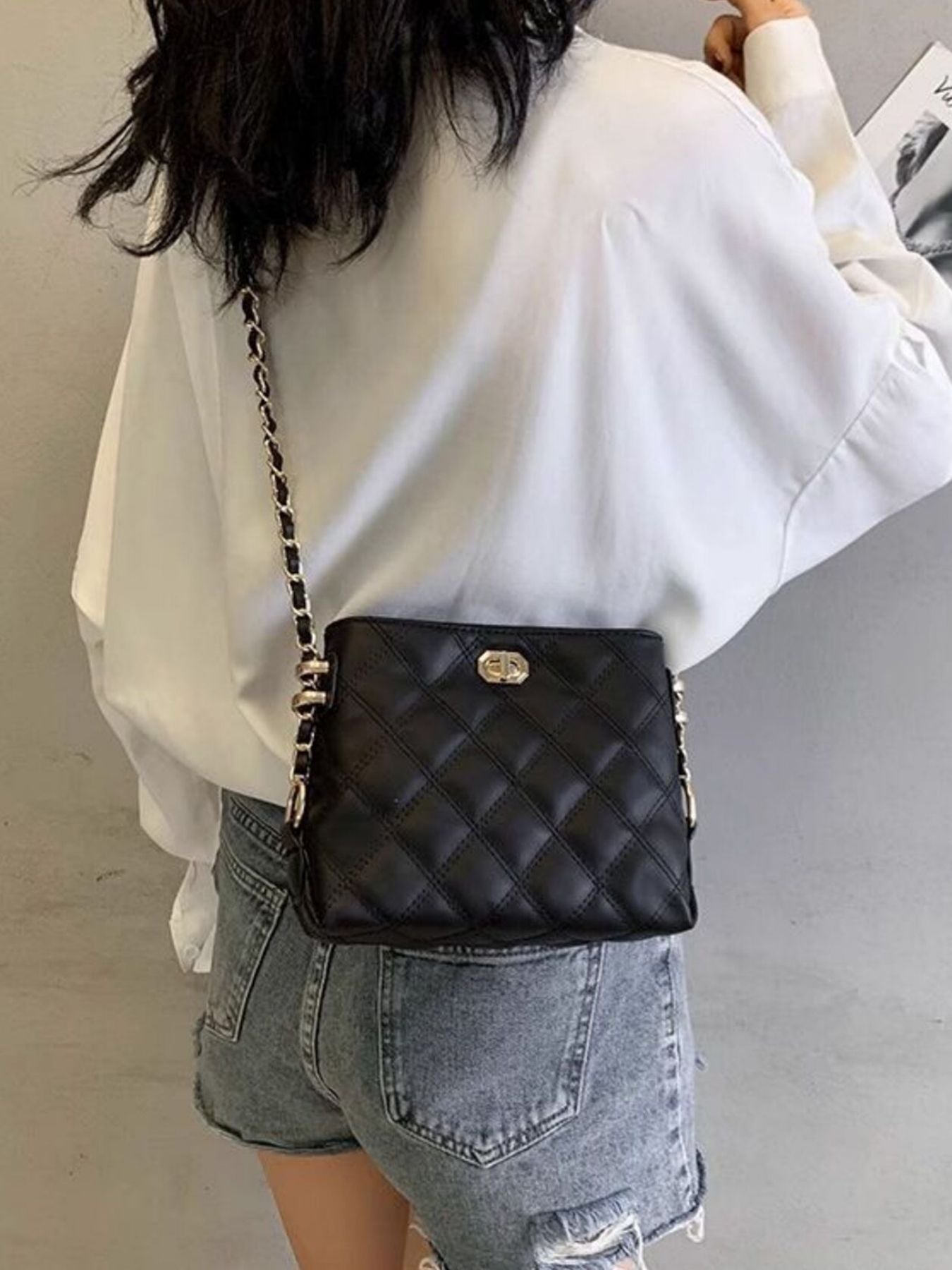 Quilted Bucket Crossbody Bag with Chain Strap