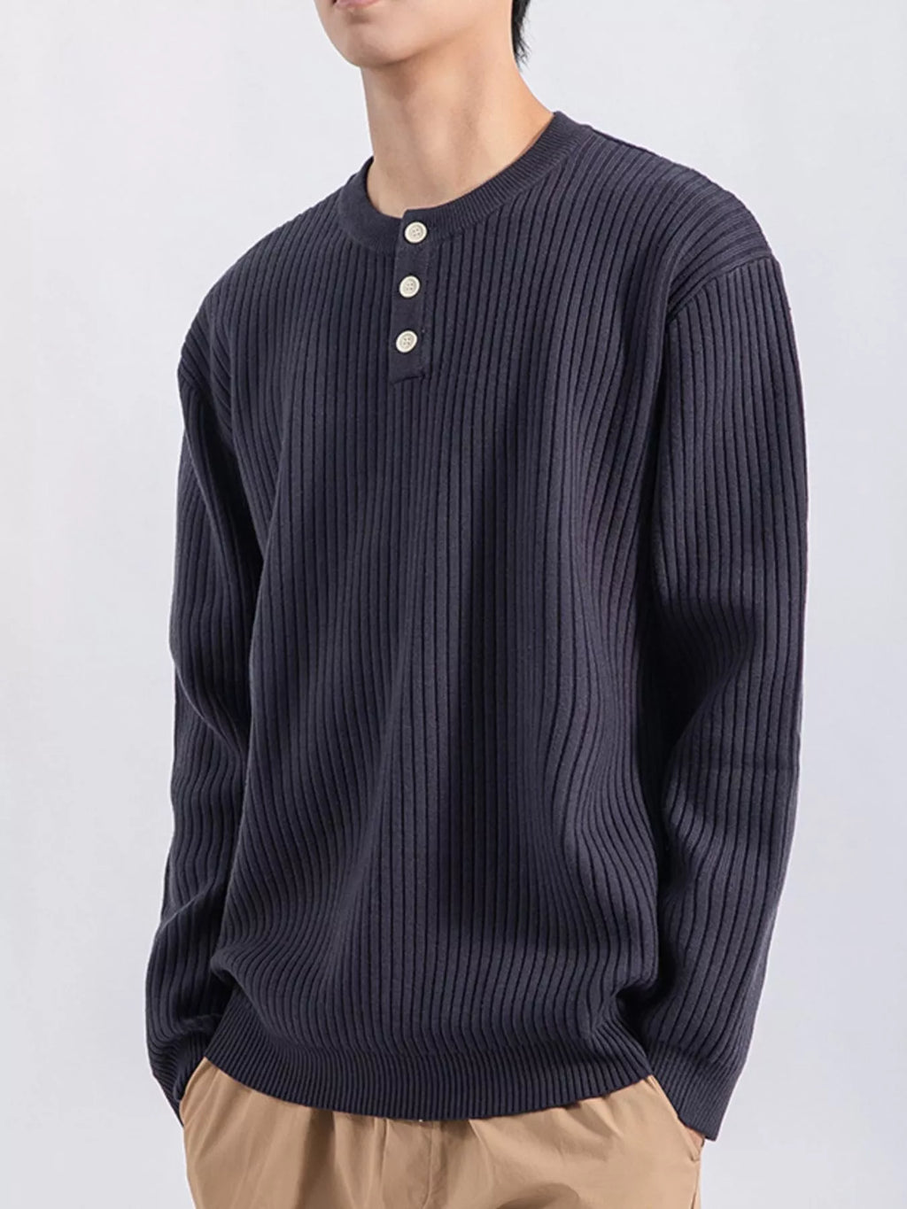 Men's Plus Size Ribbed Button Detail Knit Top