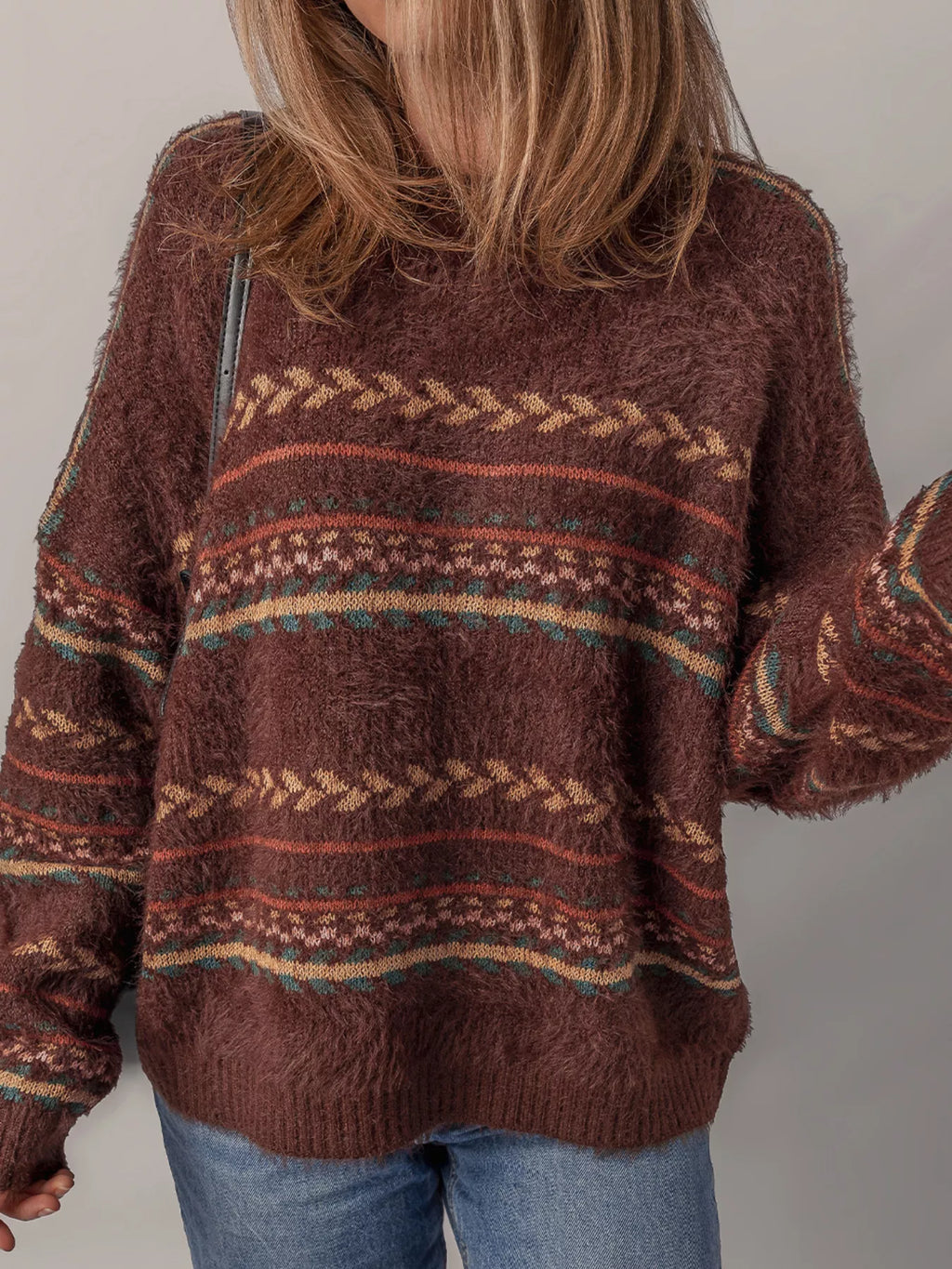 Ethnic Pattern Mohair Knitted Drop Shoulder Sweater