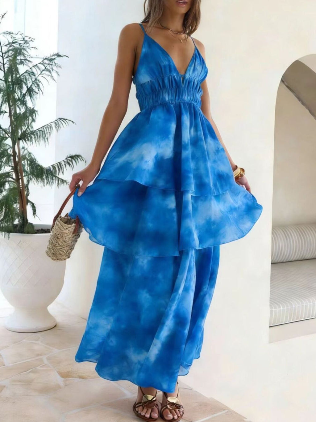 Tie-Dye Ruffled Layered Maxi Dress
