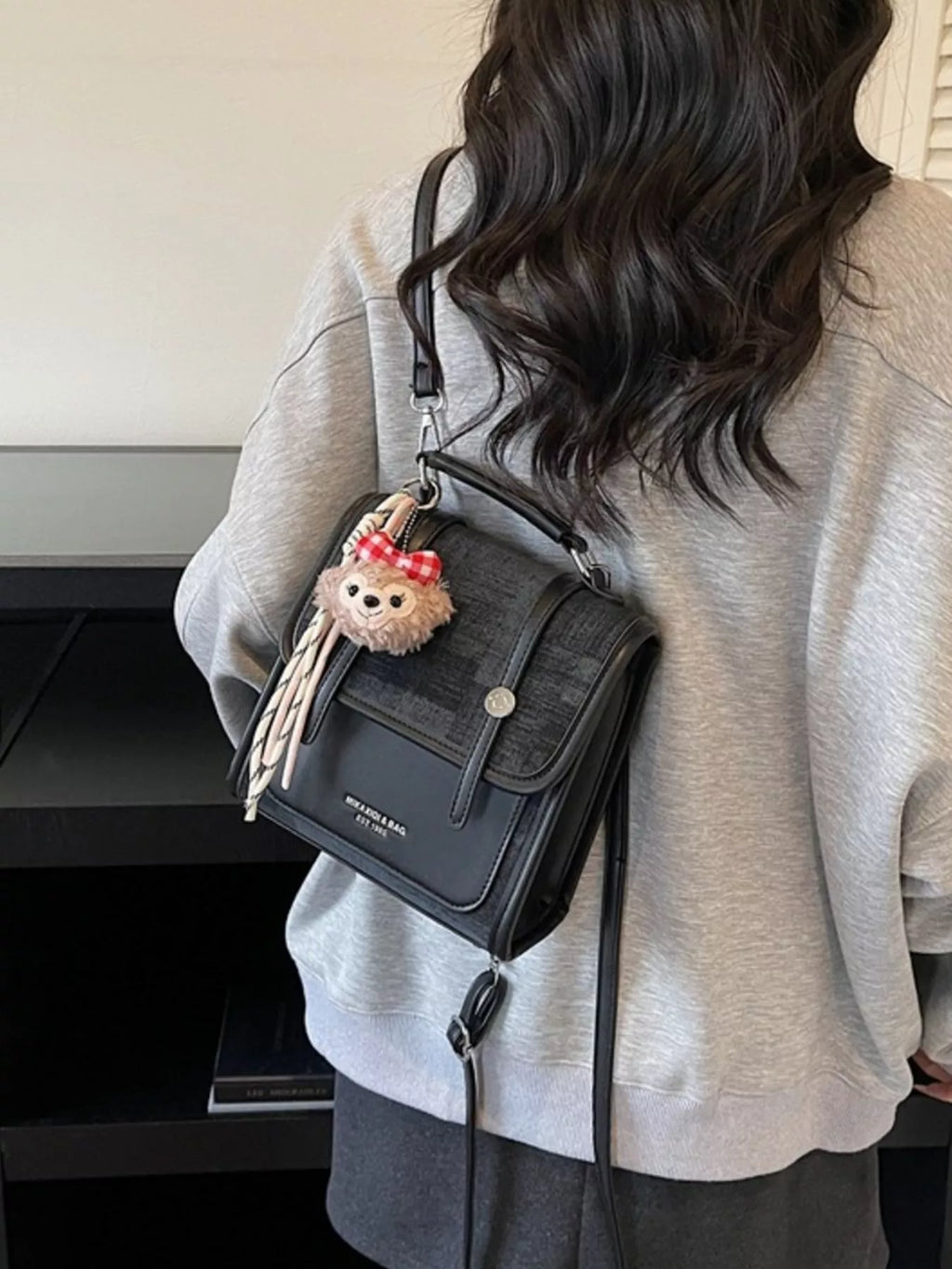 Flap Backpack Bag with Plush Charm