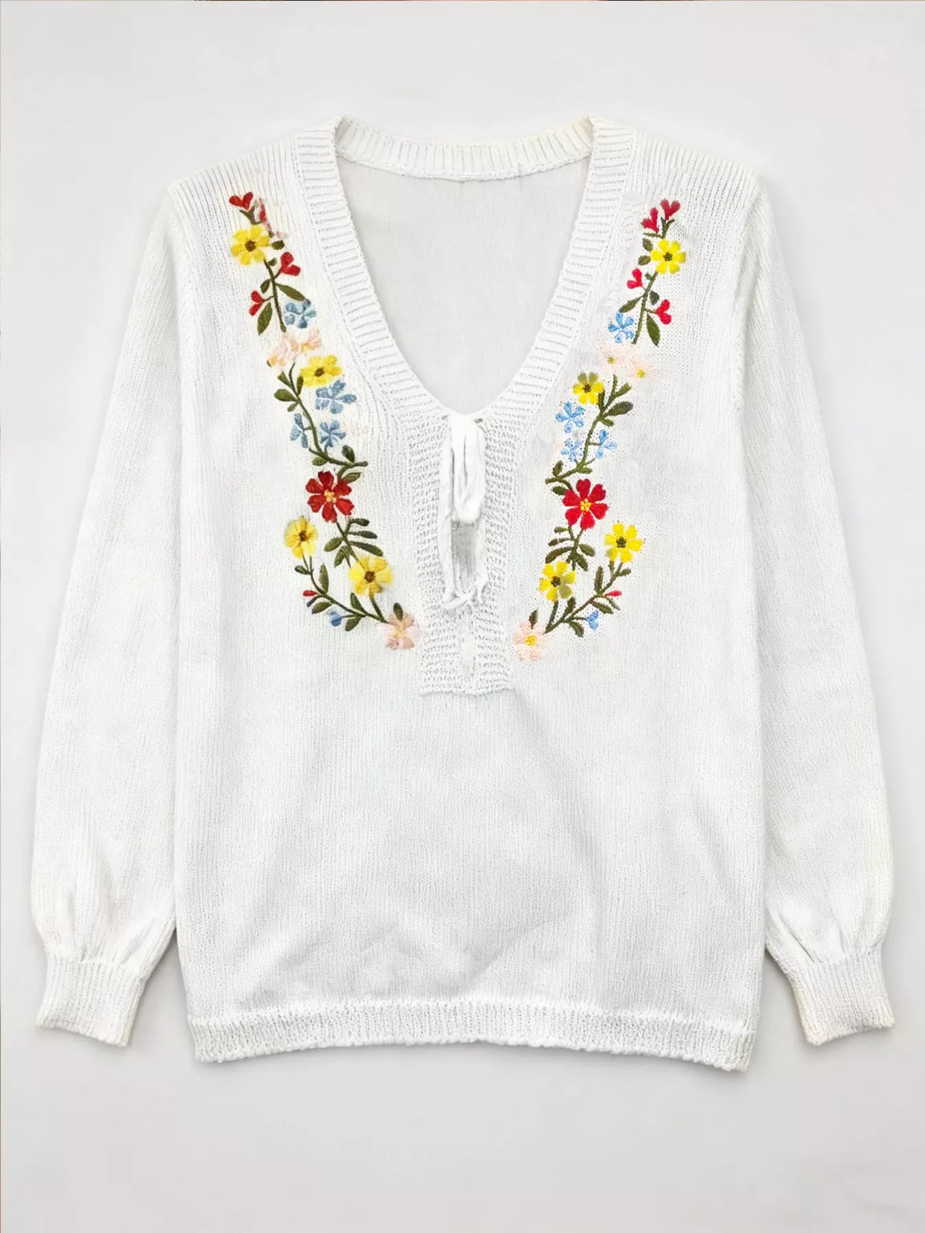 Floral Embroidered V-Neck Sweater