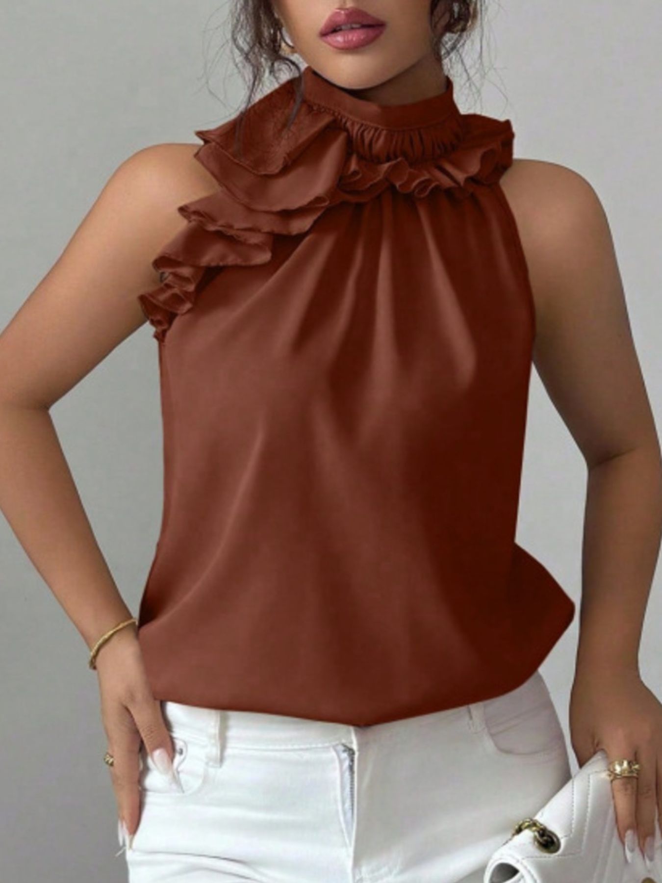 Ruffle High Neck Sleeveless Top
