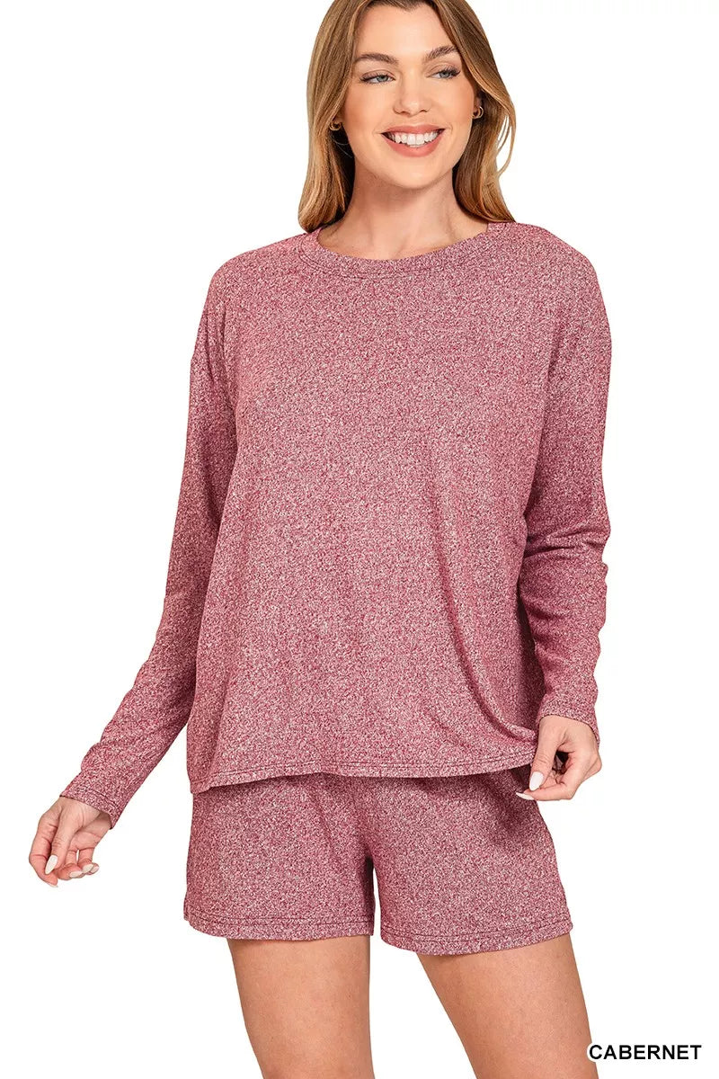 Zenana Soft Melange Long Sleeve Tee and Shorts Set