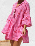 Button Detail Ruffled Hem Printed Mini Dress