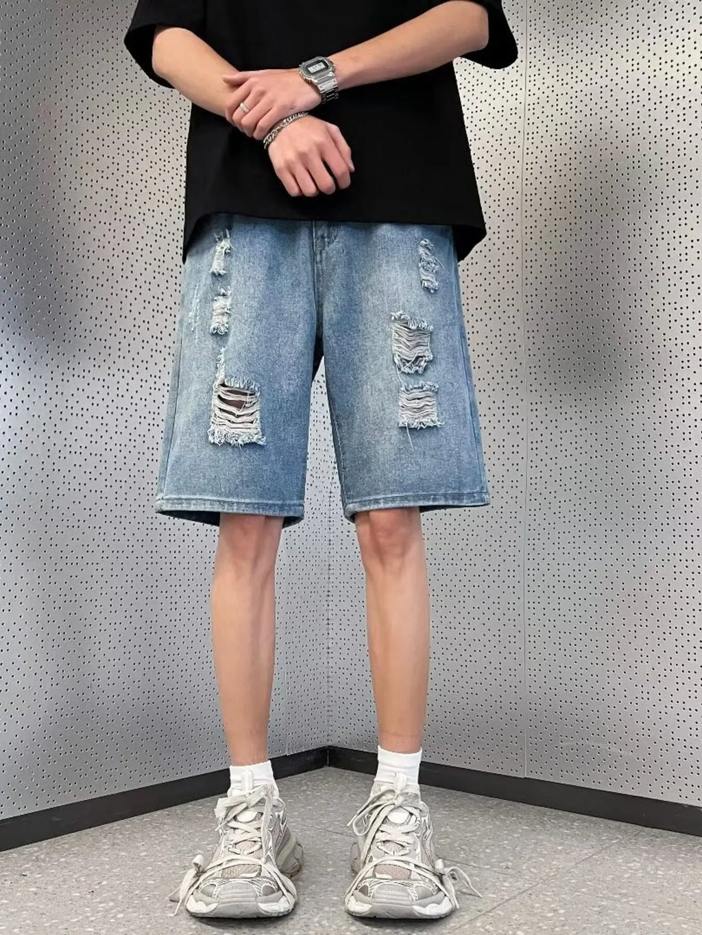 Men's Full Size Distressed Wash Wide Leg Denim Shorts Plus Size