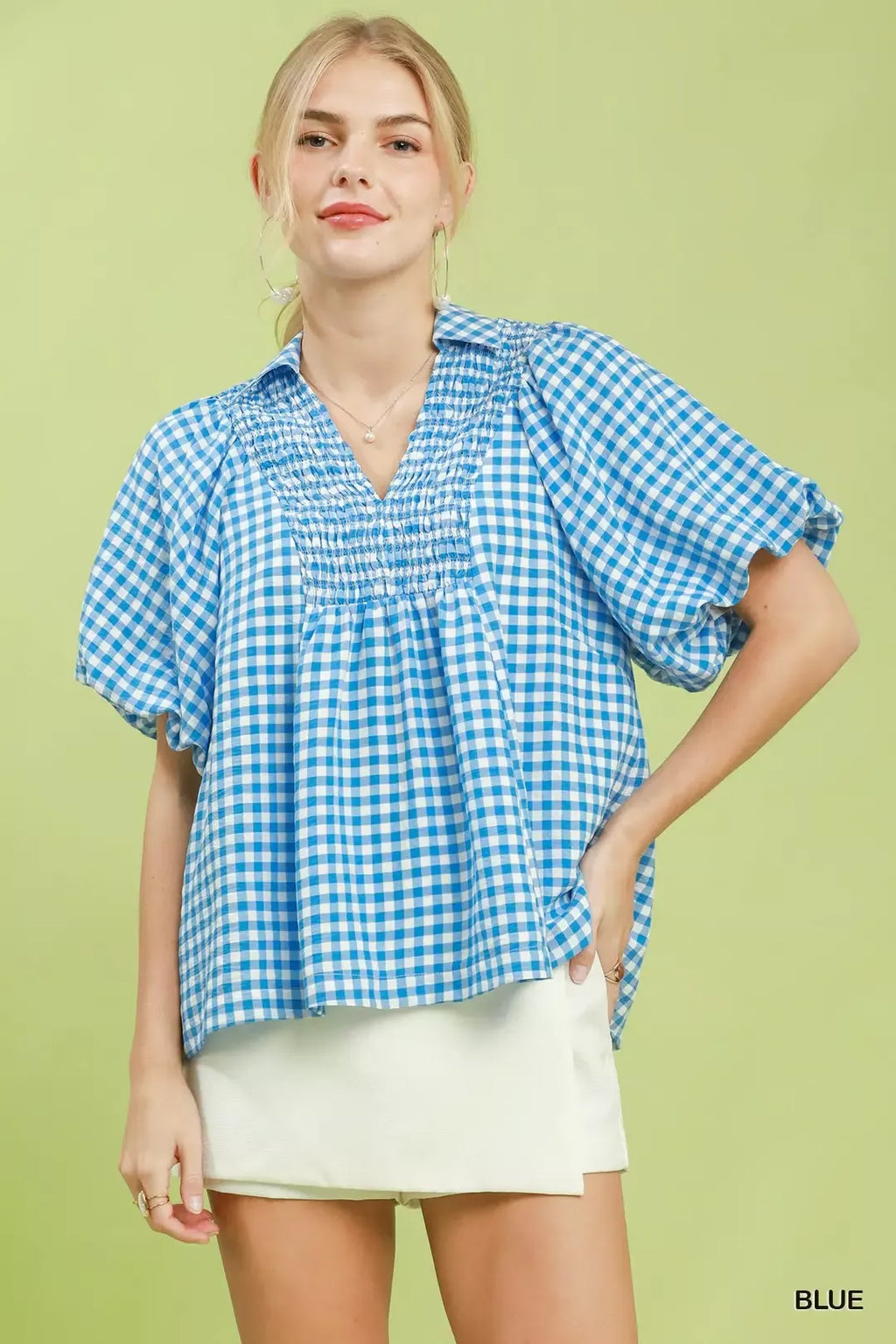 Umgee Smocked Yoke Puff Sleeve Gingham Blouse