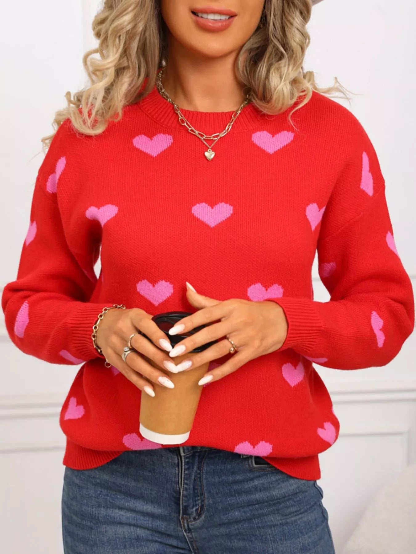 Valentine's Day Heart Pattern Dropped Shoulder Sweater
