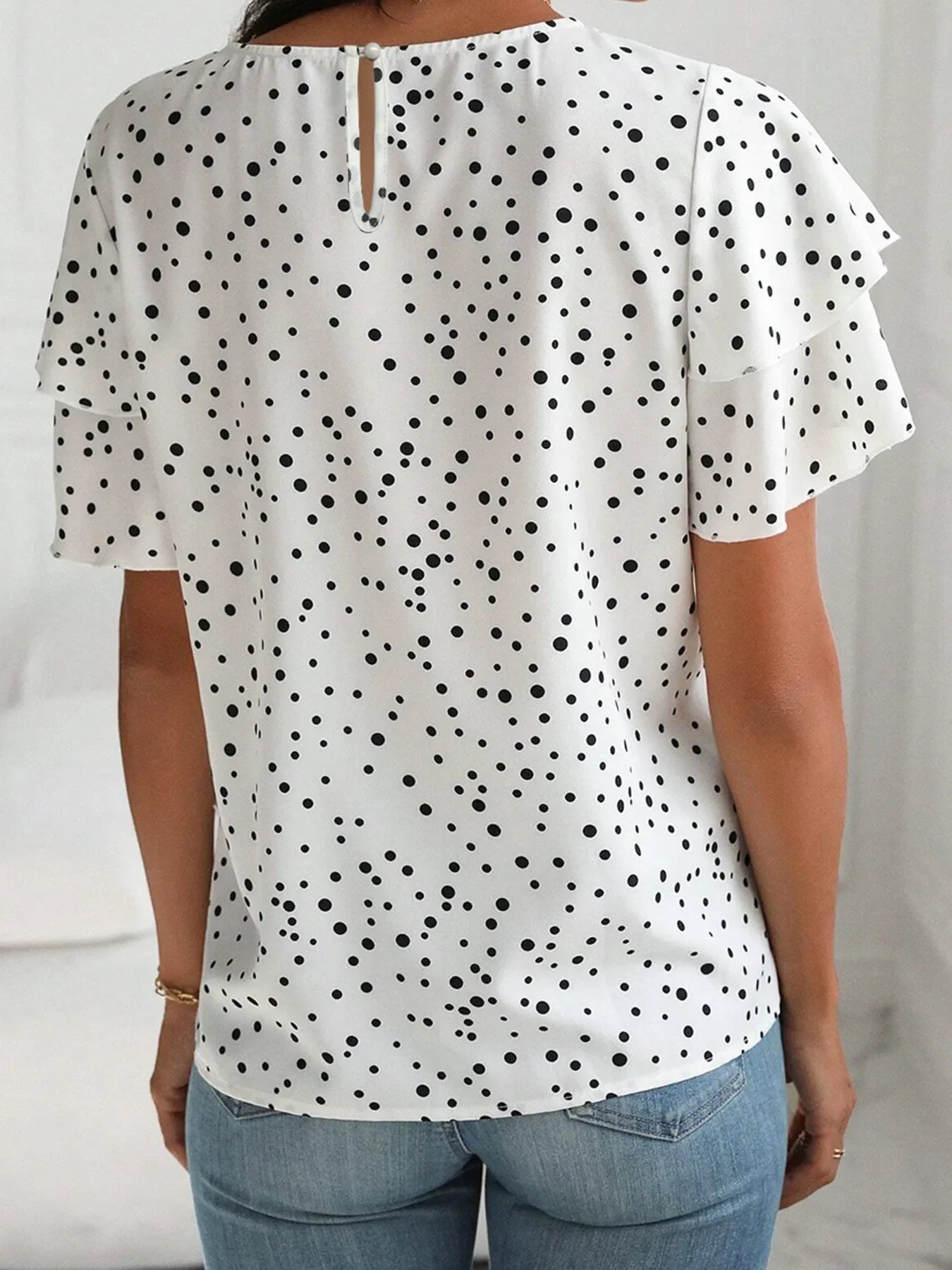 Polka Dot Layered Ruffled Short Sleeve Blouse