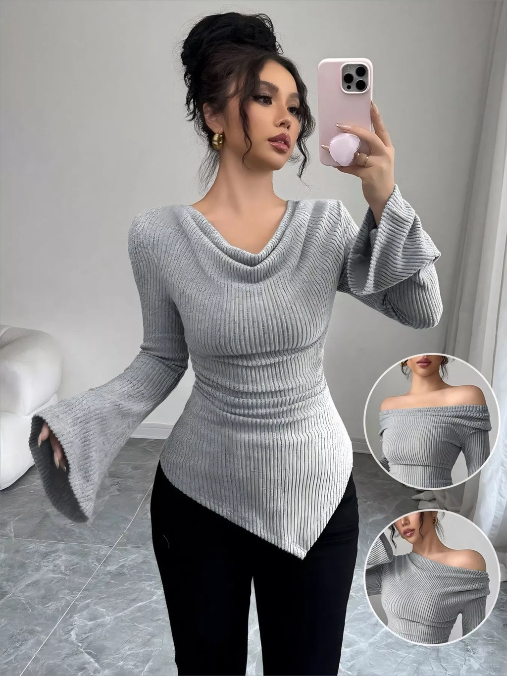 Cowl Neck Flare Sleeve Top