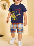 Children's Construction Vehicle Print Tee & Plaid Shorts Set