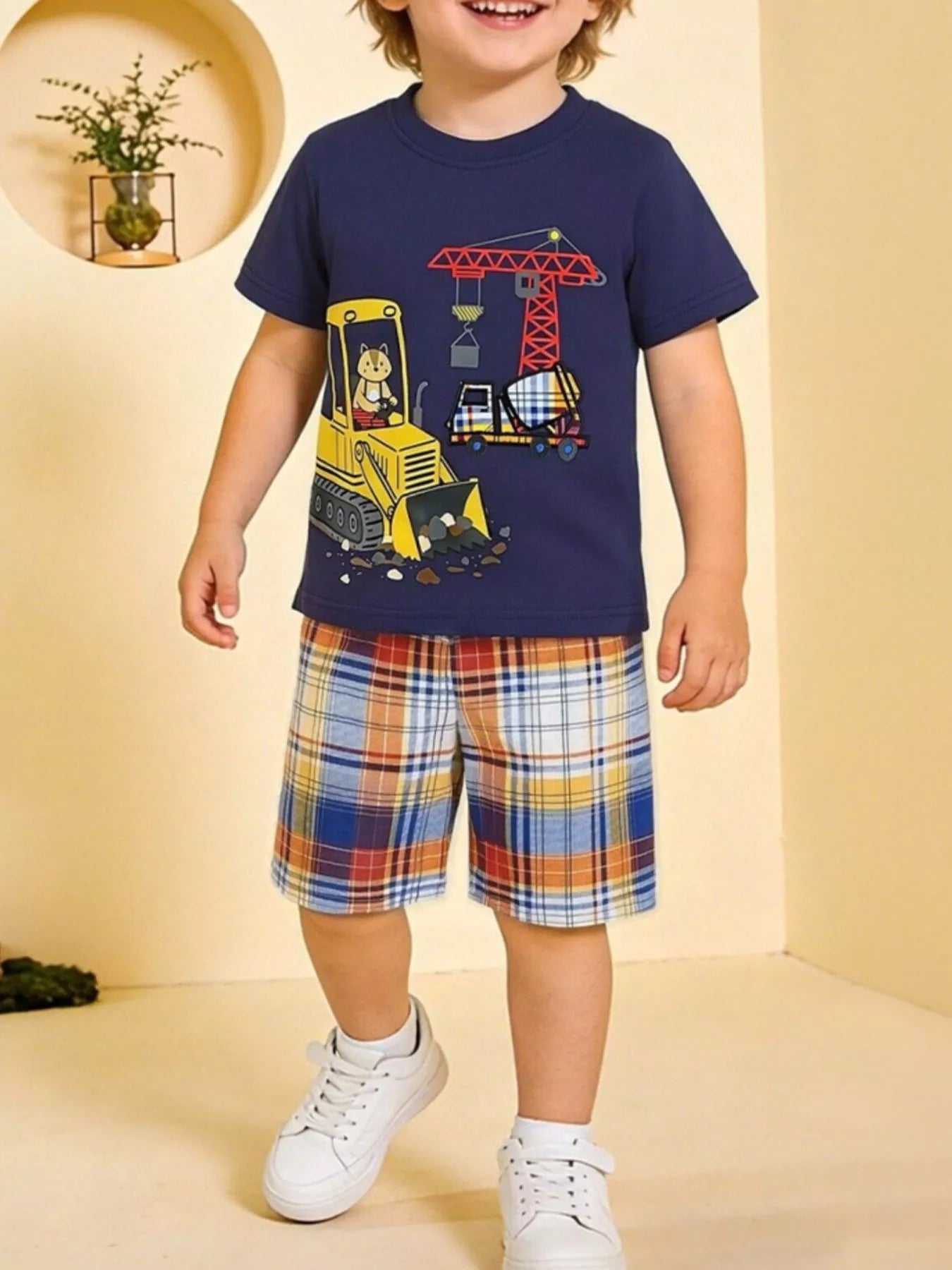 Children's Construction Vehicle Print Tee & Plaid Shorts Set