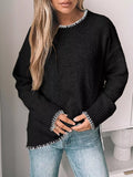 Slit Contrast Trim Round Neck Sweater