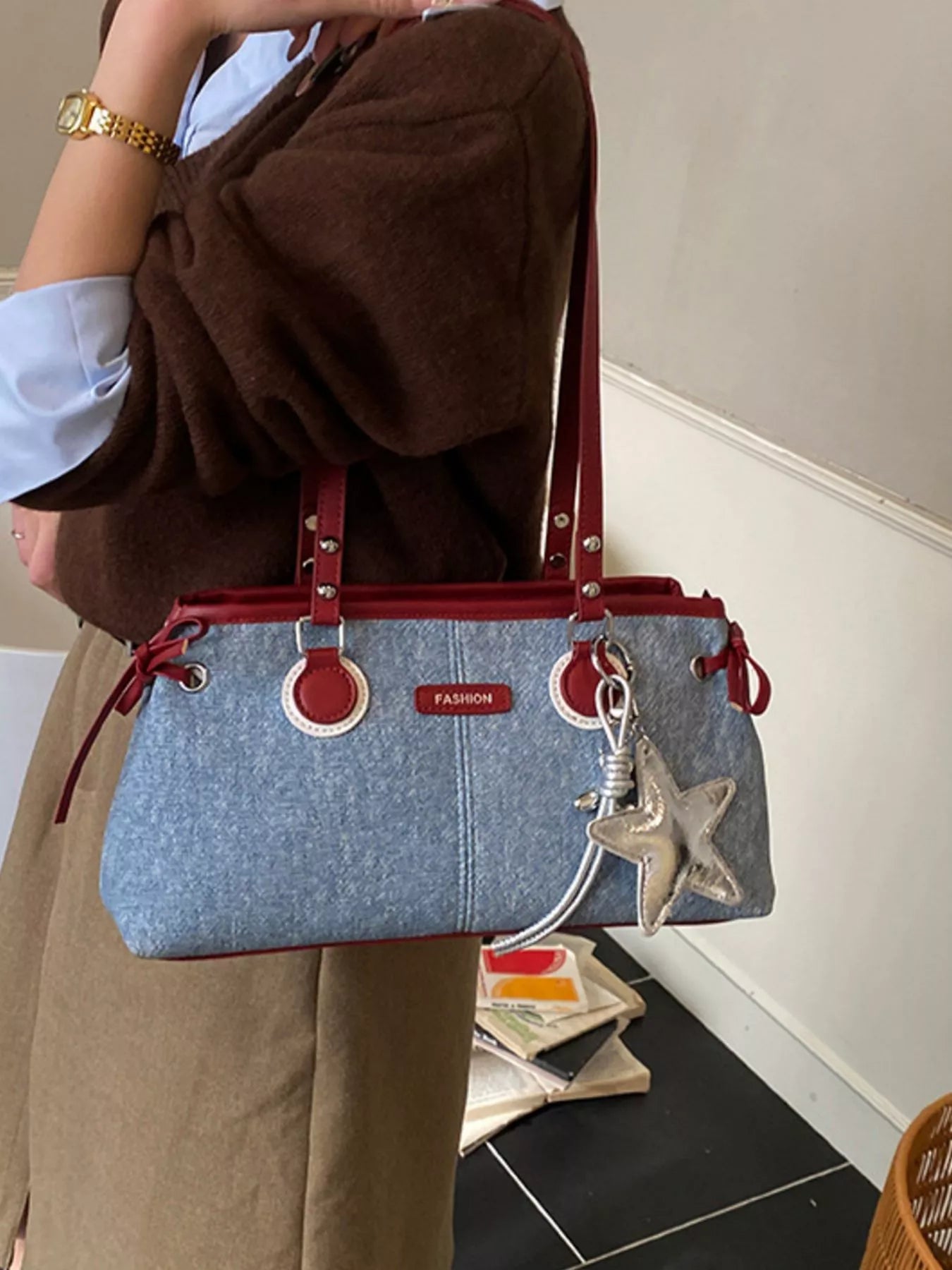 Denim Shoulder Bag with Star Charm
