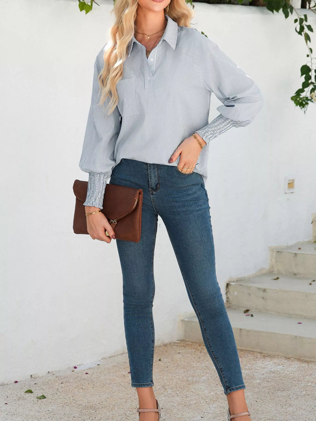 Pinstripe Long Sleeve Smocked Cuffs Button Shirt Collar Blouse
