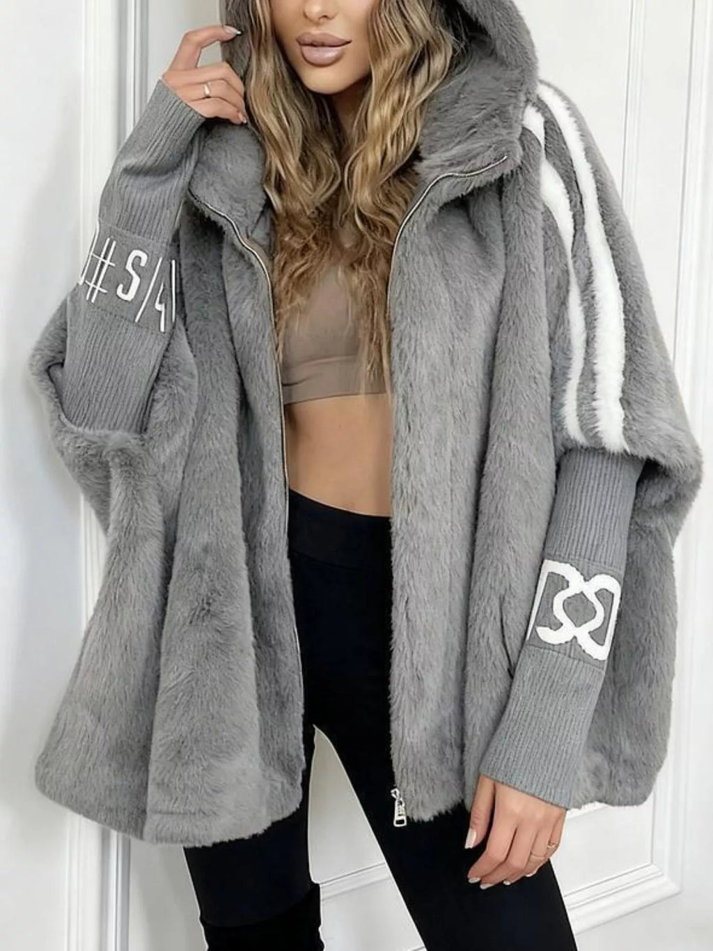 Hooded Faux Fur Striped Trim Outerwear