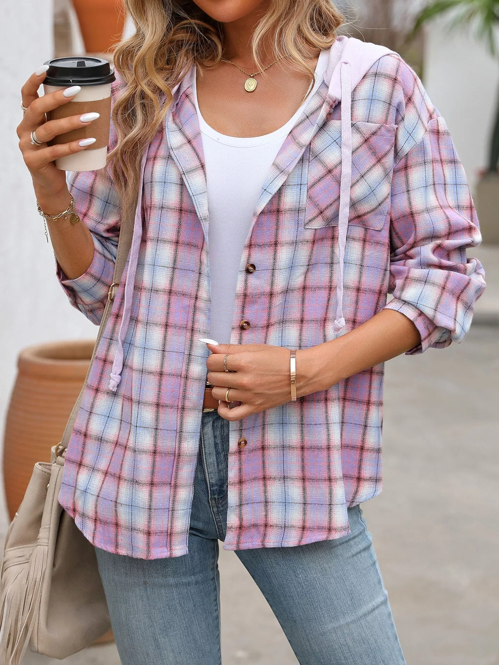 Plaid Button-Up Hooded Shirt with Chest Pocket