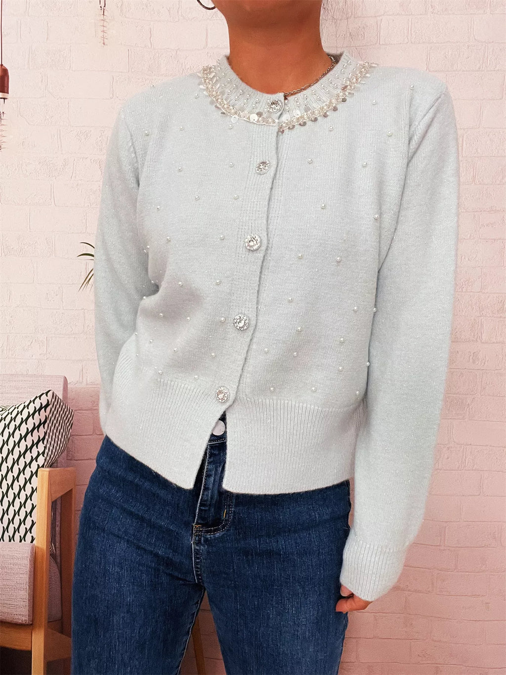 Pearl Detail Button-Front Cardigan