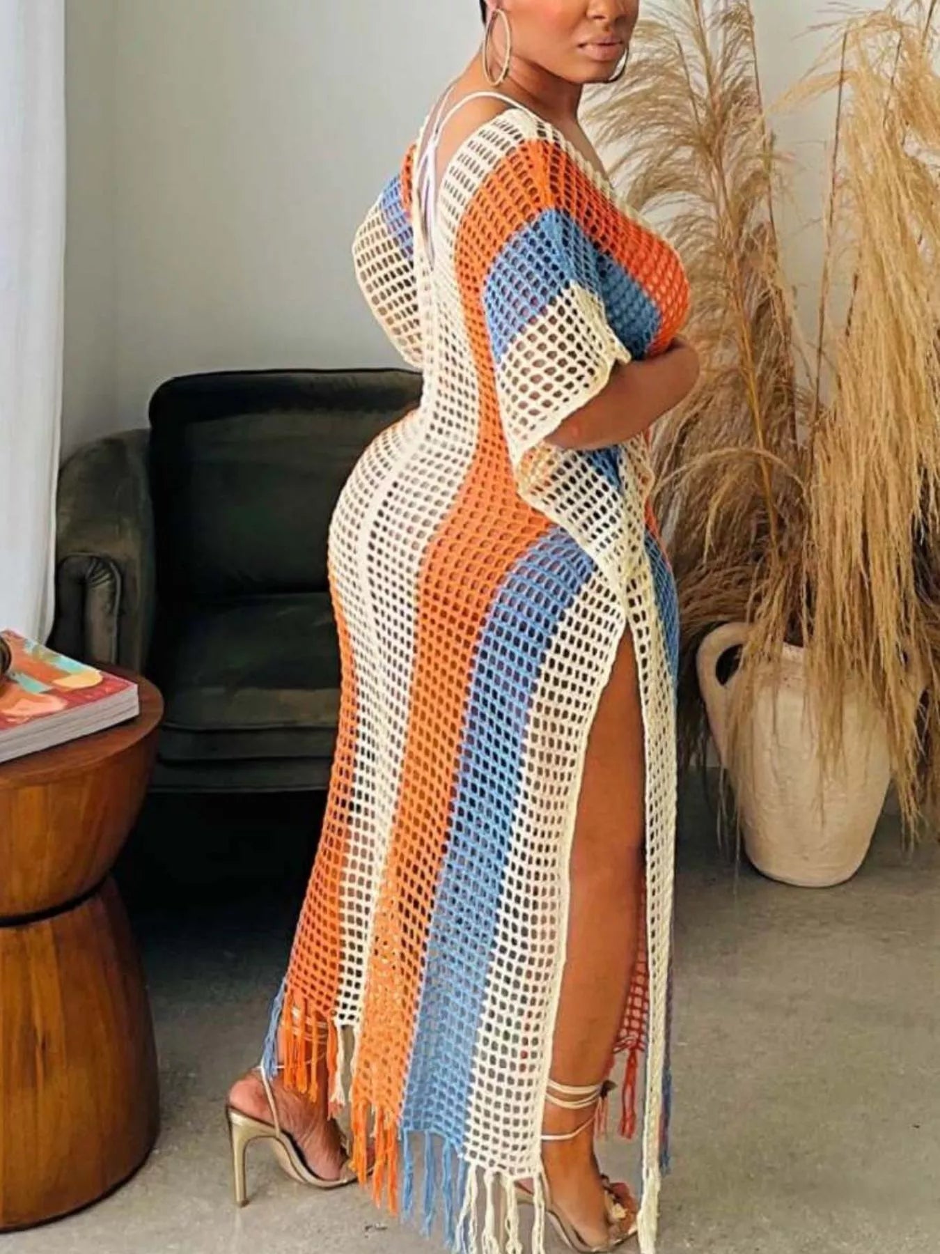 Striped Crochet Cover-Up Dress with Fringe