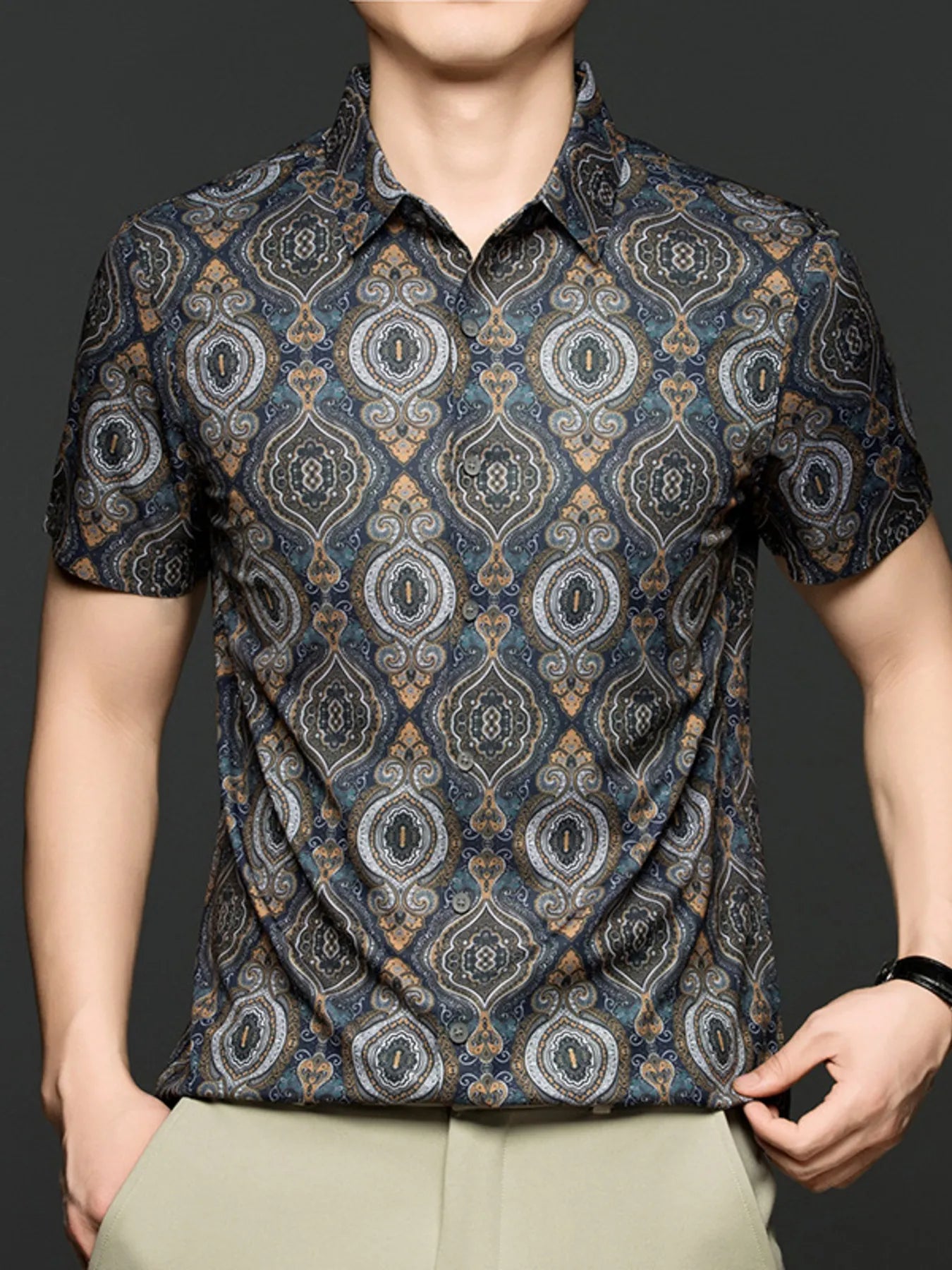 Men's Plus Size Printed Short Sleeve Blouse