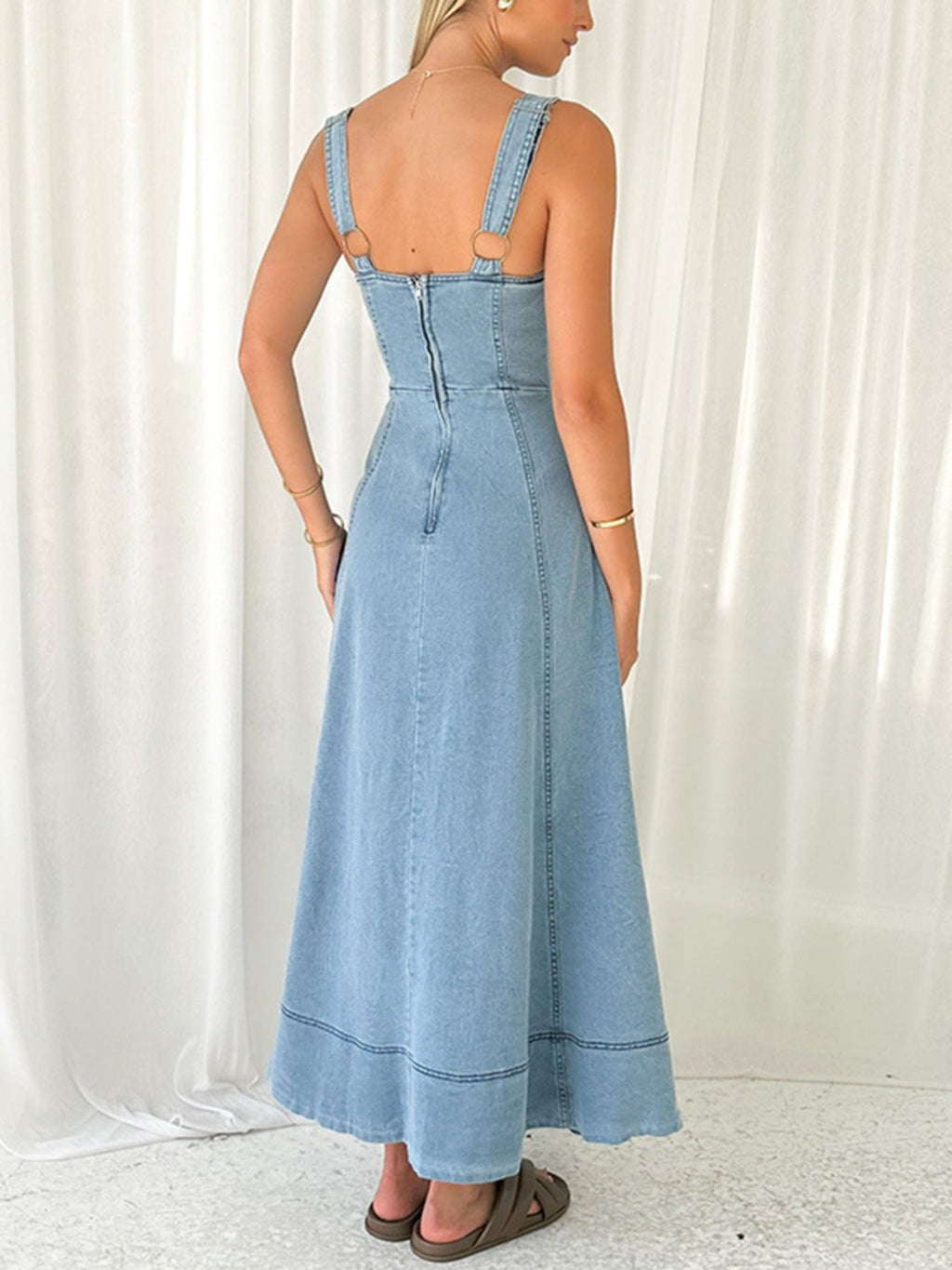 Decor Button Front A-Line Denim Dress