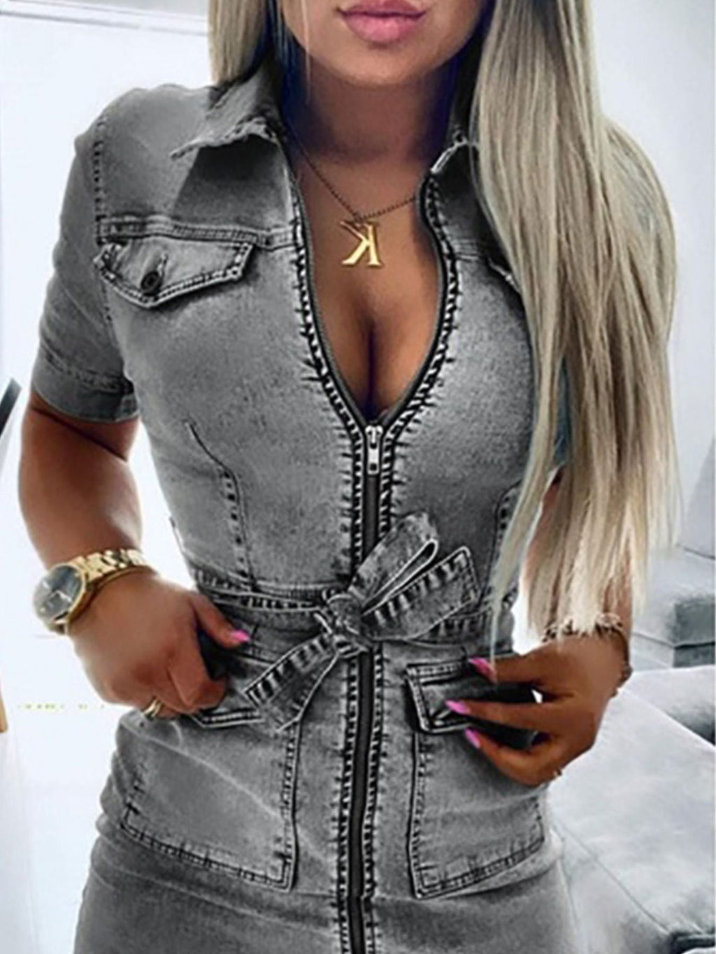 Zipper Front Short Sleeve Denim Dress