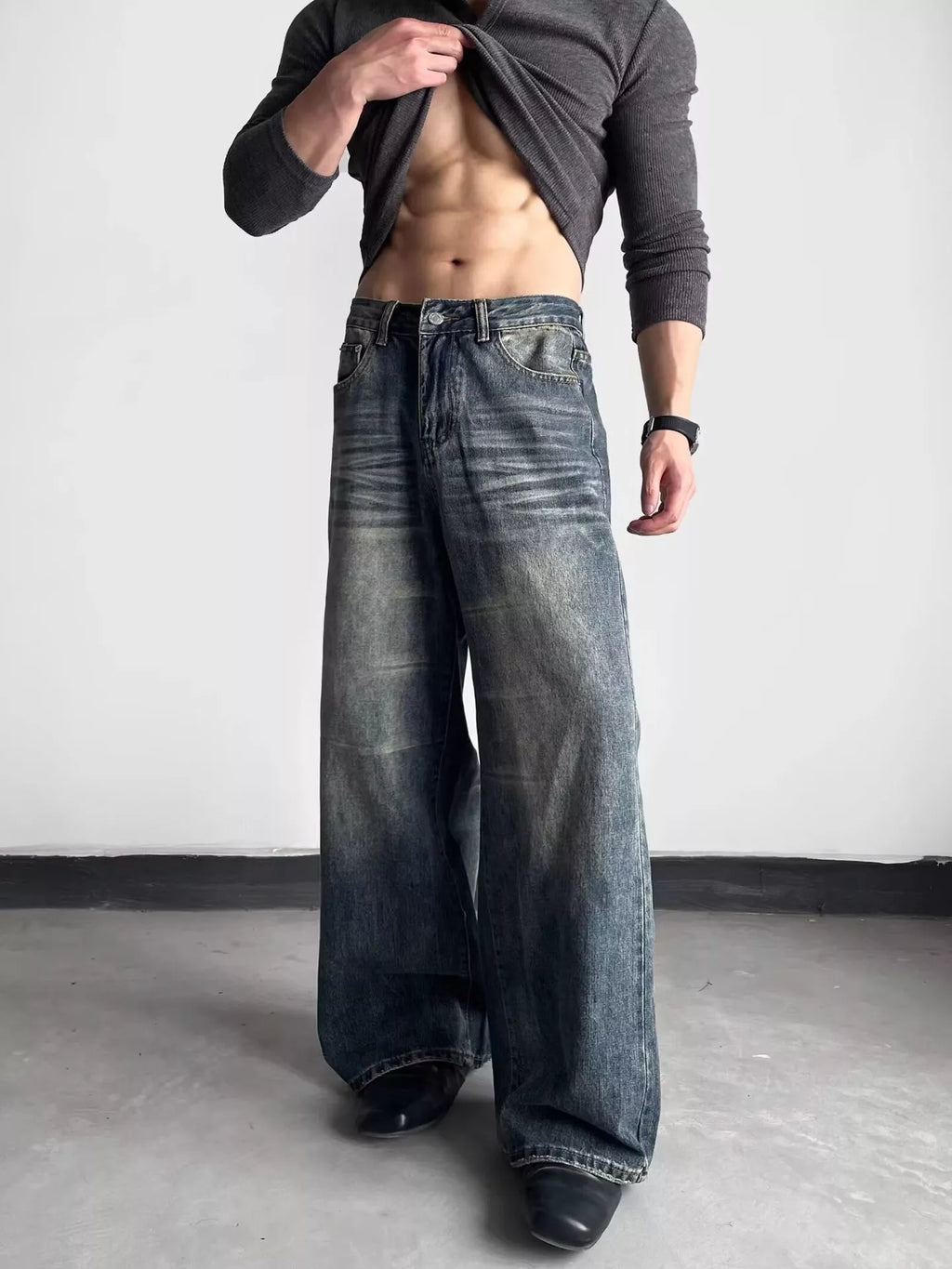 Men's Full Size Washed Wide Leg Jeans Plus Size
