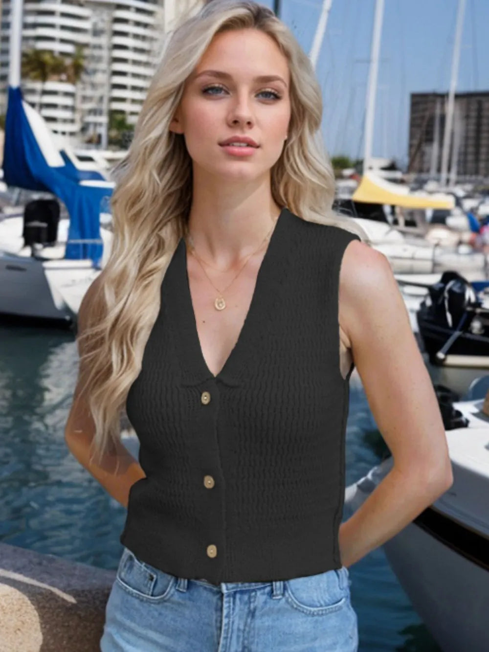 Button Down V-Neck Sweater Vest