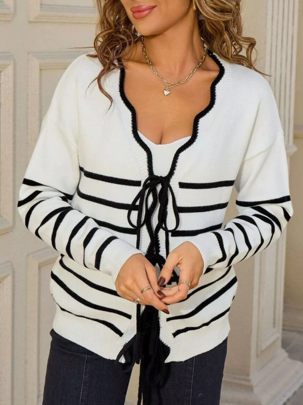 Striped Tie Front Knit Cardigan