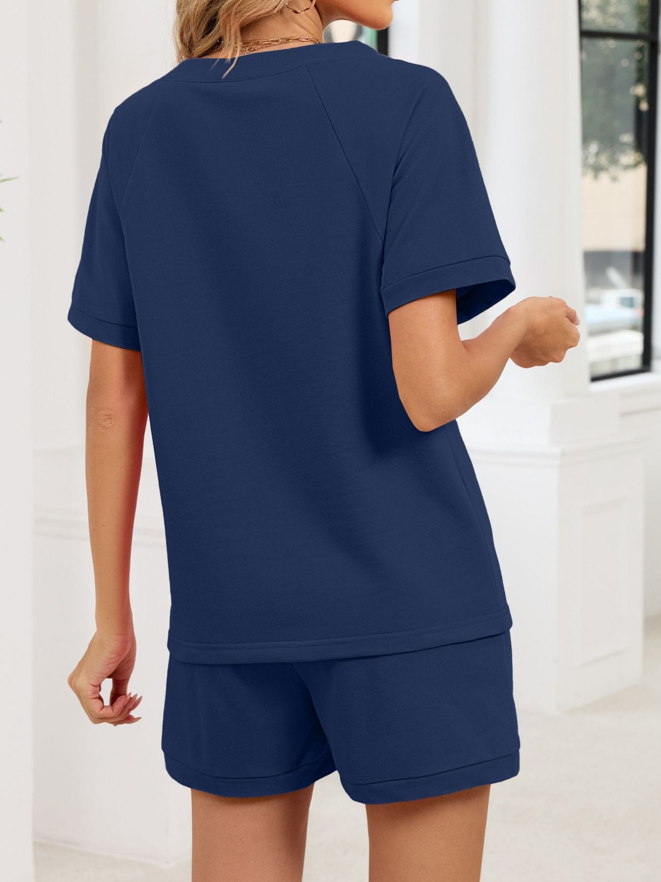 Notched Short Sleeve Top and Shorts Set