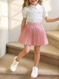 Children's Bow-Embellished Top & Pleated Skirt Set
