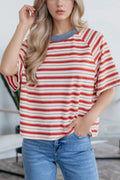 Stripe Print Contrast Collar Raglan Sleeve T Shirt