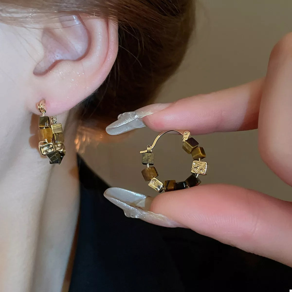 Tiger's Eye 18K Gold-Plated Copper Geometric Earrings