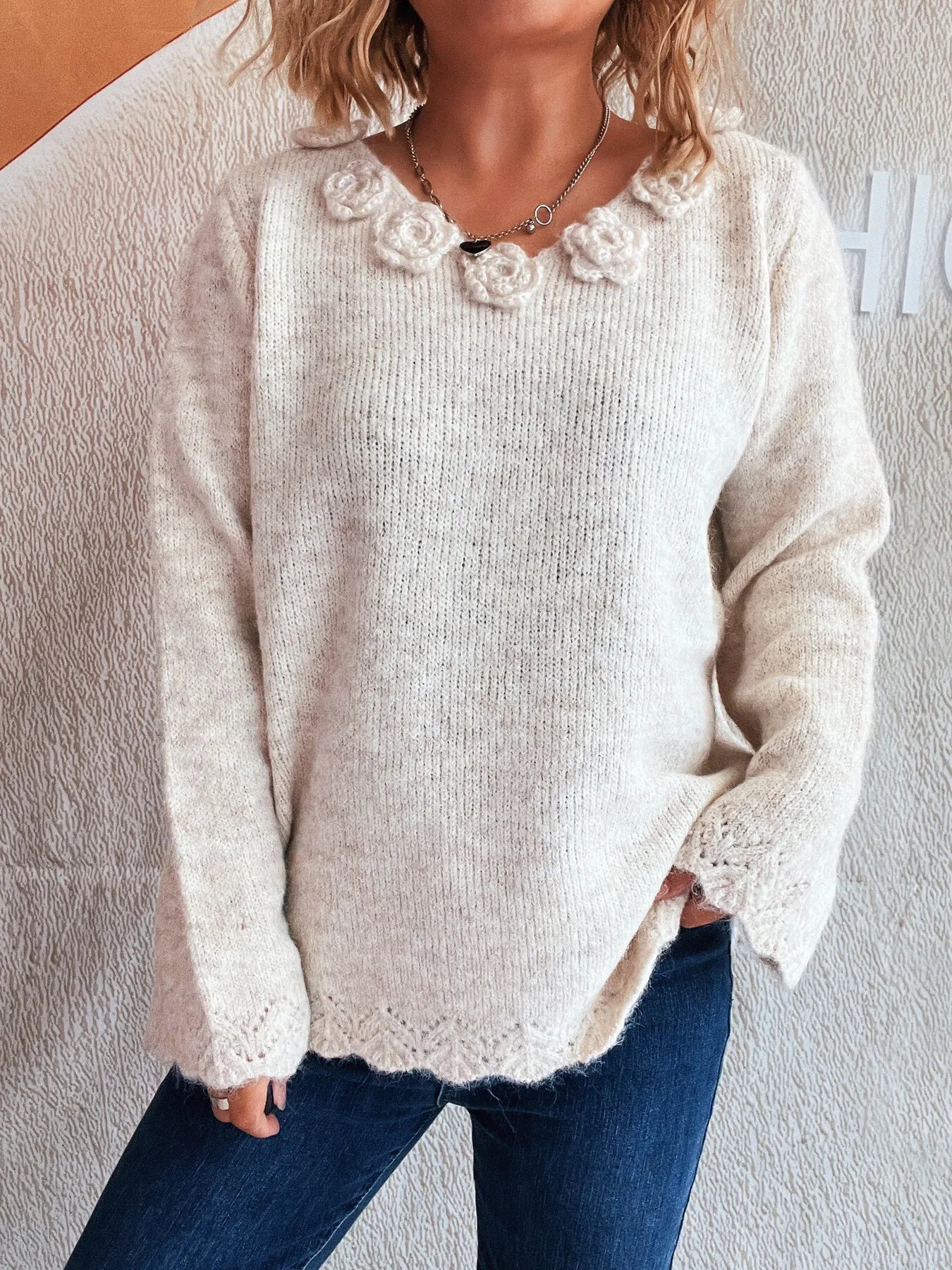 Flower V-Neck Long Sleeve Sweater