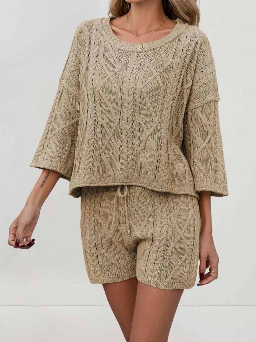 Cable Knit Round Neck Top and Shorts Sweater Set