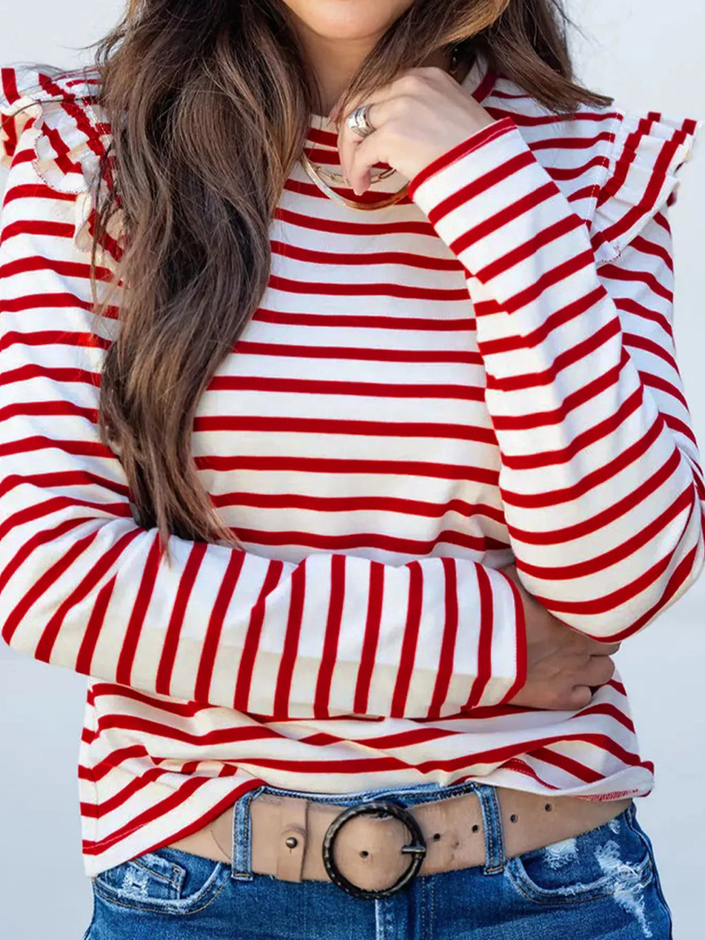 Stripe Round Neck Ruffle Trim Long Sleeve Top