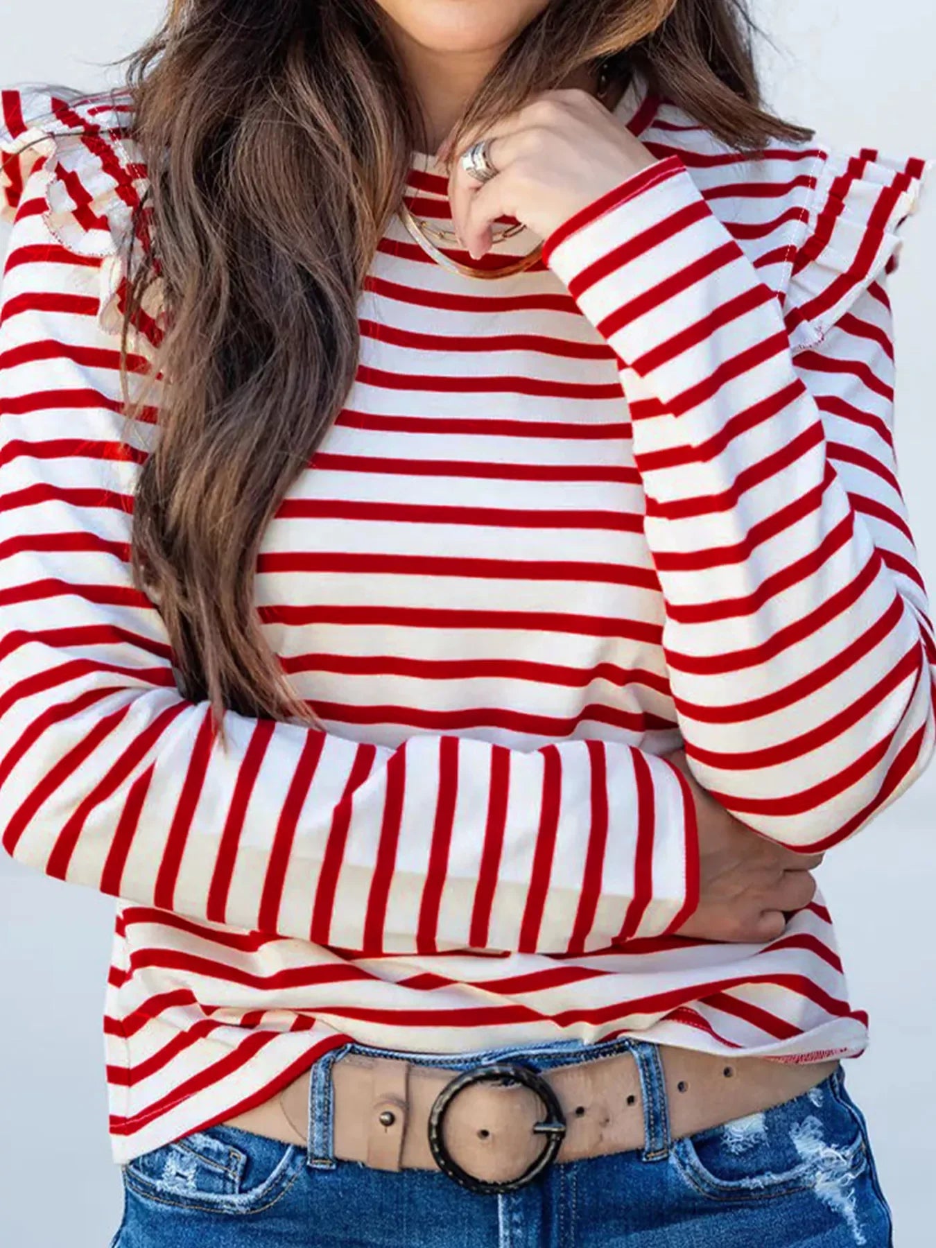 Stripe Round Neck Ruffle Trim Long Sleeve Top