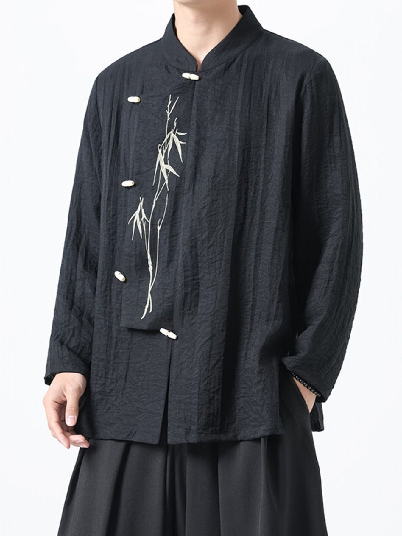 Men's Plus Size Chinese Style Embroidered Bamboo Linen Shirt