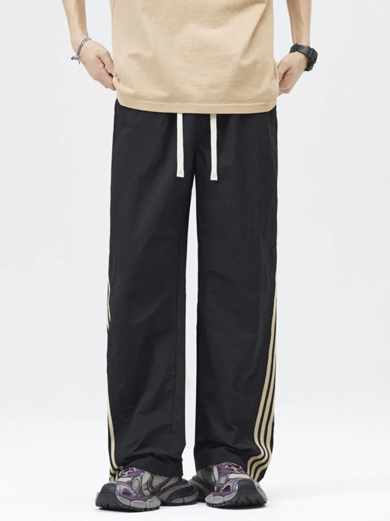Men's Full Size Casual Loose Fit Drawstring Pants with Side Stripes Plus Size